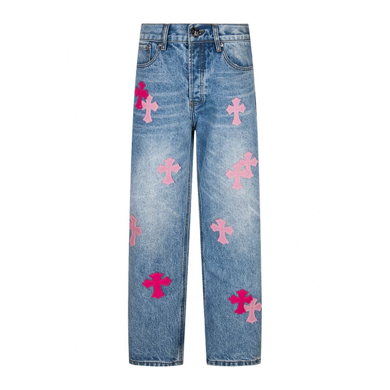 Calça Jeans Chrome Hearts Patches Cross Pink